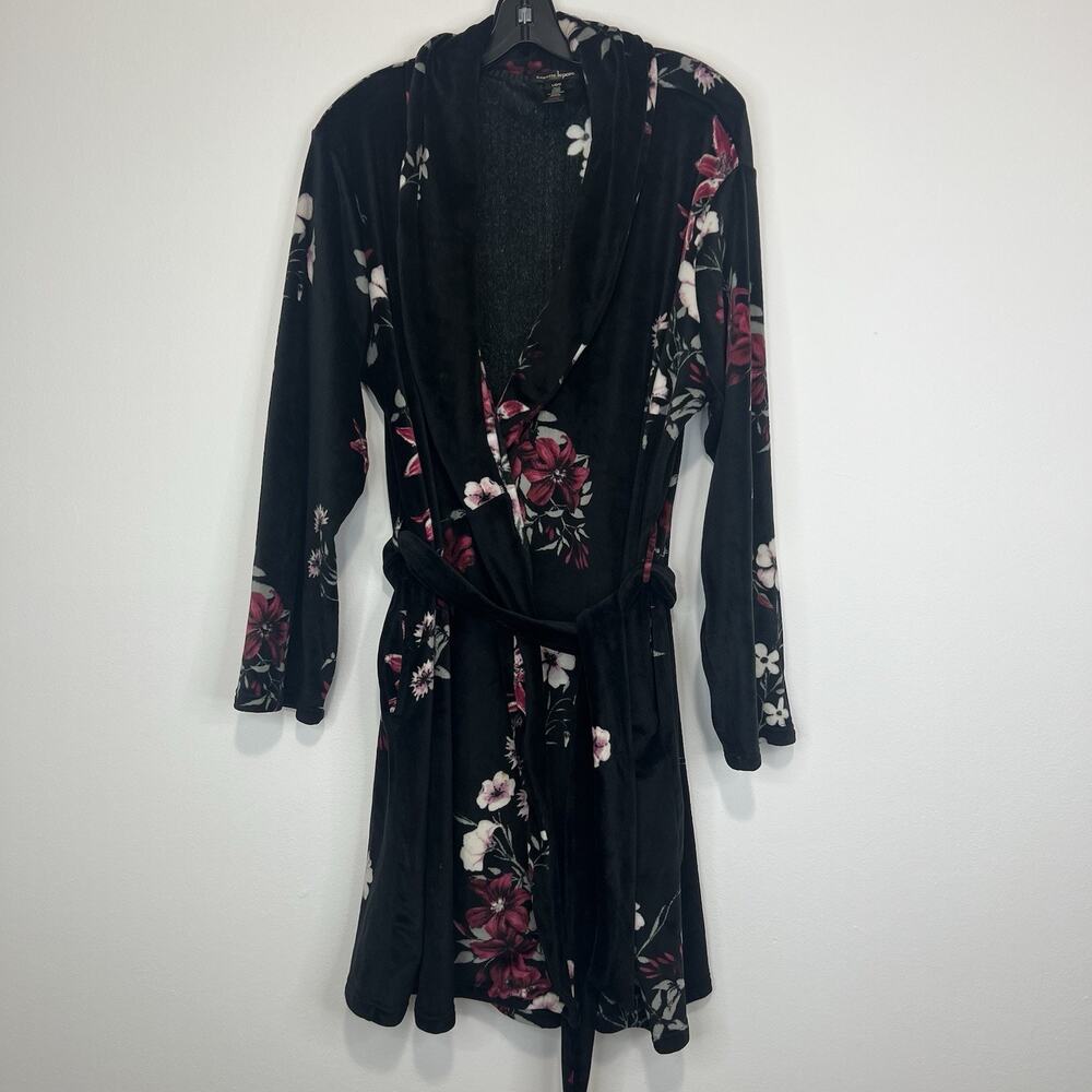 Nanette Lepore Women L Black Floral Plush Velour Wrap Robe Belted Pockets Spa - Picture 2 of 8